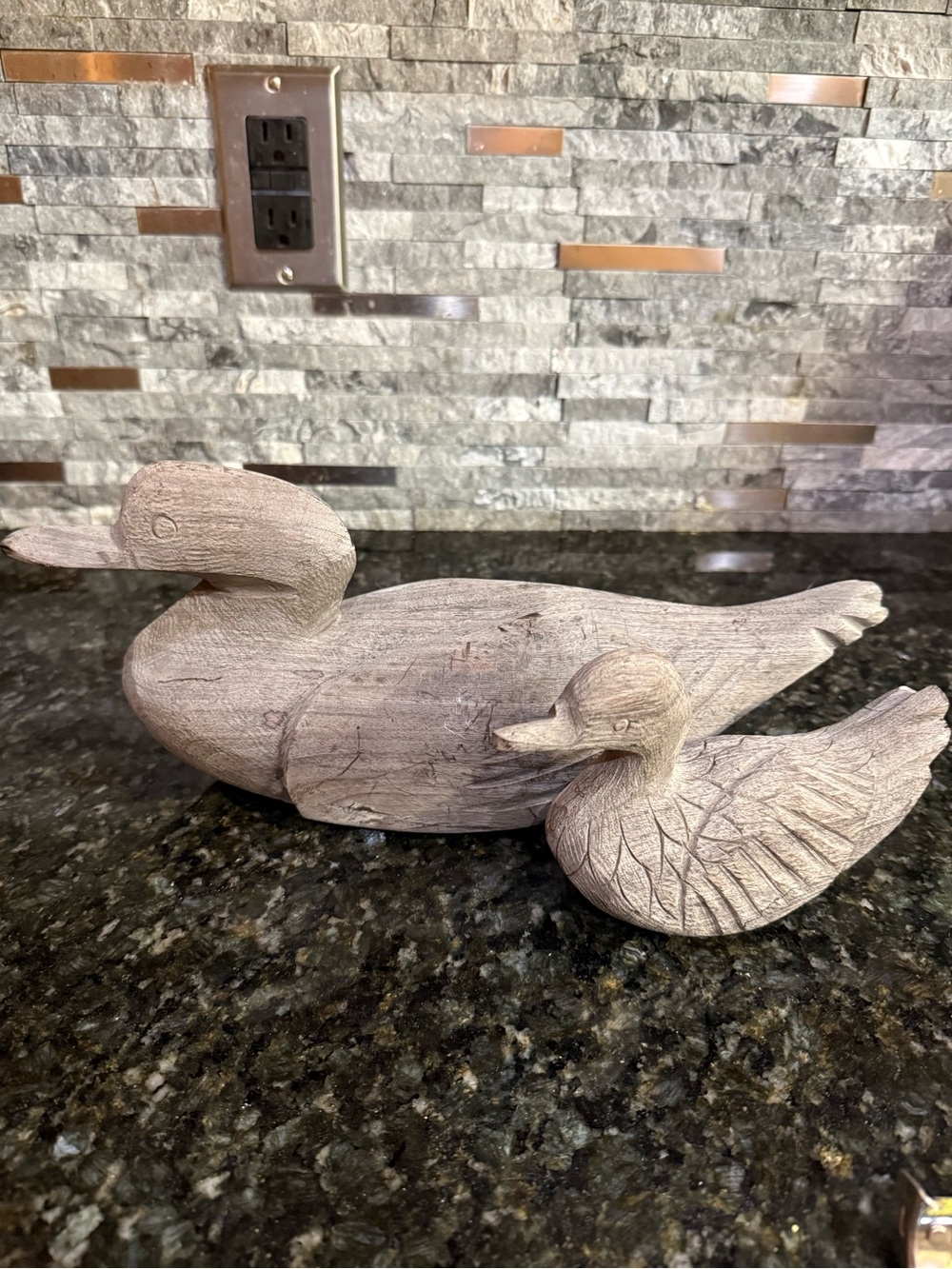 Vintage Cottage Core Hand-Carved Heavy Solid Wooden Duck Pair - Driftwood Tone
